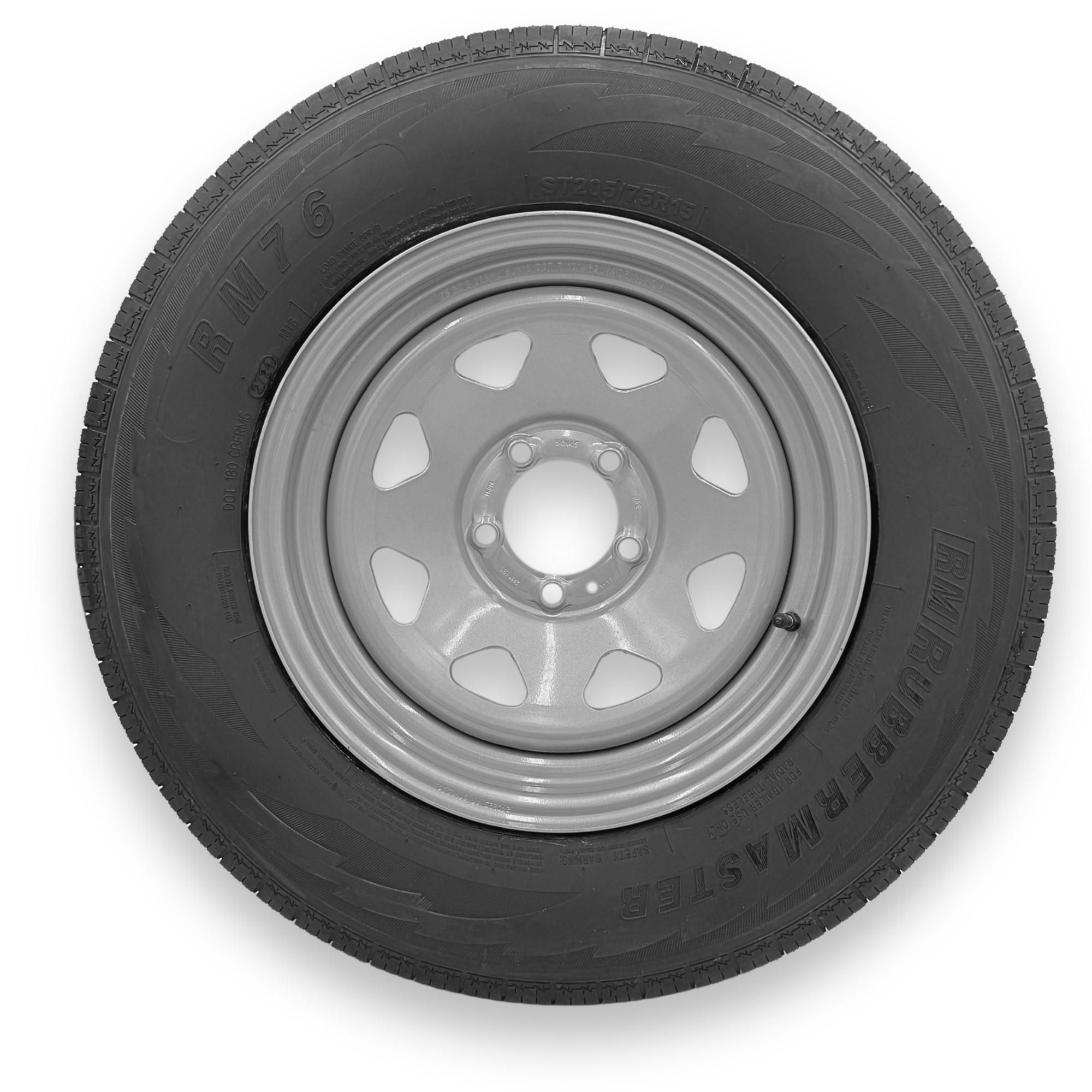 RubberMaster ST205/75R15 8 Ply TL Highway Rib Tire on a 5 on 4.5 Bolt Silver Eight Spoke Wheel